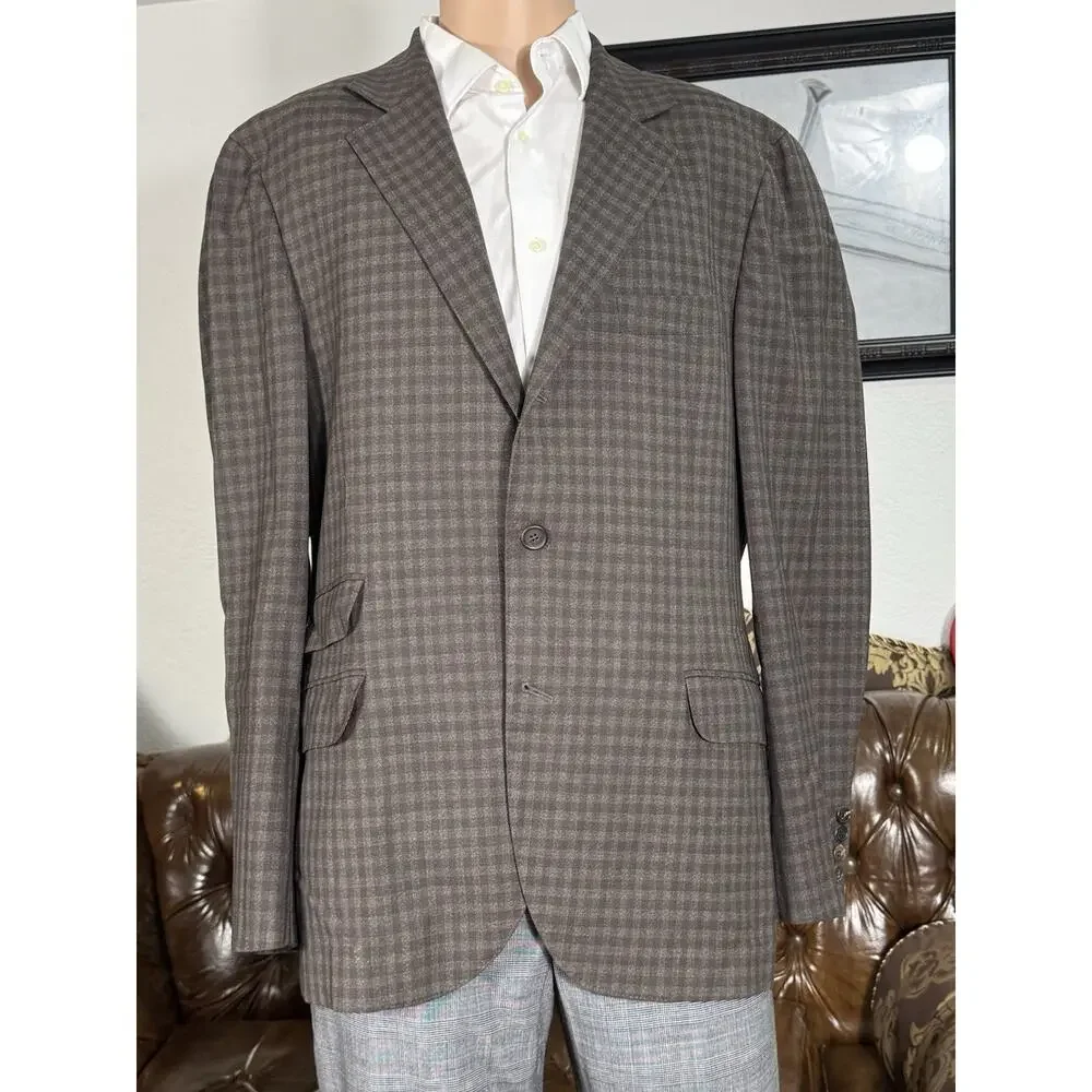 Brunello Cucinelli Brown Wool Mohair Silk Blazer Sportcoat Brown Plaid 54/44